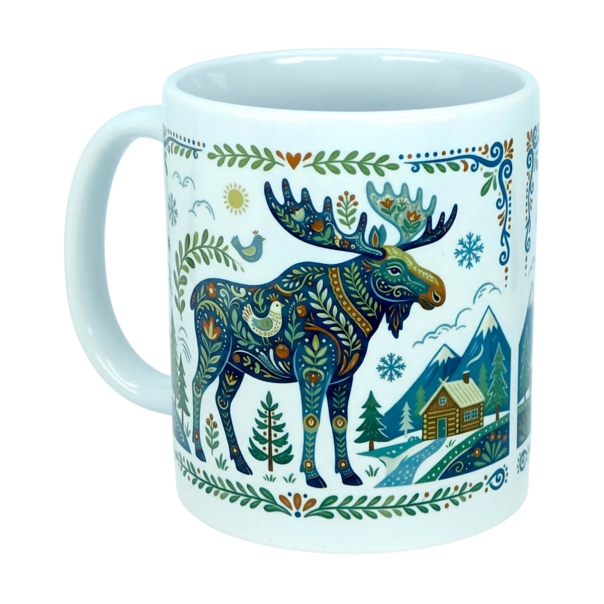The Nordic Wholesale Mug: Nordic Forest Moose Ceramic Mug (11 oz) showcases a vibrant folk-art illustration of a moose surrounded by trees, a cabin, mountains, and intricate blue, green, and earth-toned patterns—an ideal choice for anyone who loves whimsical Scandinavian or Nordic design.
