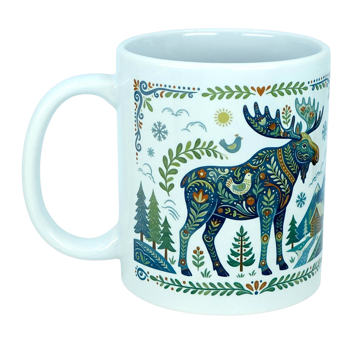 The Mug: Nordic Forest Moose Ceramic Mug (11 oz) by Nordic Wholesale showcases a vibrant, ornate illustration of a moose adorned with patterned designs, surrounded by trees, a small house, the sun, birds, and decorative foliage on a crisp white ceramic background. Inspired by Nordic folk art mug motifs, this charming Scandinavian piece adds whimsical beauty to your coffee routine.
