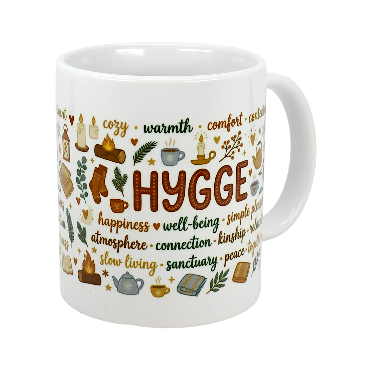 The Nordic Hygge Comfort Typography Ceramic Mug (11 oz) by Swedish Gift Store features "Hygge" in bold with cozy words and illustrations—a perfect Scandinavian mug to enjoy relaxing moments.