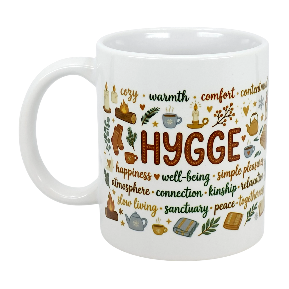 The Mug: Nordic Hygge Comfort Typography Ceramic Mug (11 oz) by Swedish Gift Store features "HYGGE" and cozy icons like candles, books, and teacups—a perfect nordic mug for warmth, comfort, and well-being.