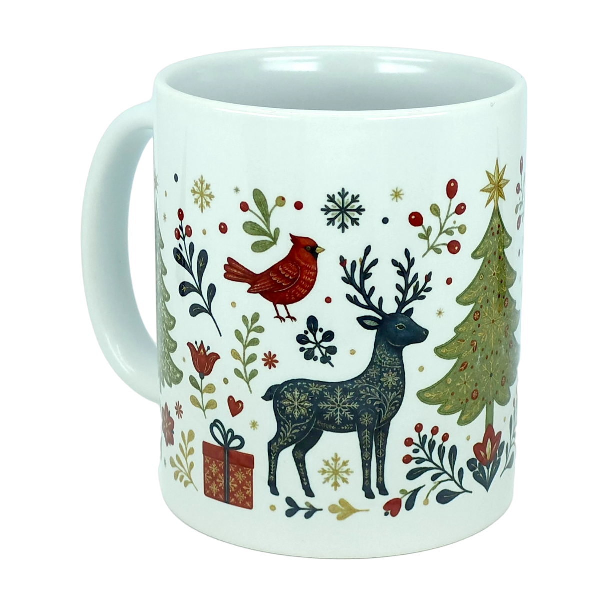 Introducing the Nordic Wholesale Mug: Nordic Forest Reindeer & Christmas Tree Ceramic Mug (11 oz)—a white ceramic mug adorned with a vibrant red bird, reindeer, Christmas tree, snowflakes, presents, and delightful holiday-inspired floral patterns. This folk-art style mug infuses your mornings with festive Scandinavian charm and seasonal cheer.