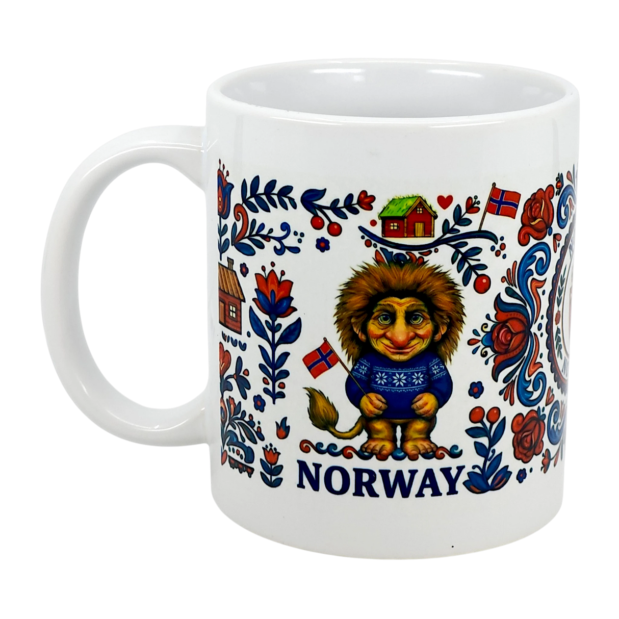 The Mug: Norge Norway Rosemaling Troll Wraparound Ceramic Mug (11 oz) by Nordic Wholesalers features folk art, a cute troll in a blue sweater, red flowers, flags, and bold NORWAY text—a perfect Norwegian souvenir or coffee cup.