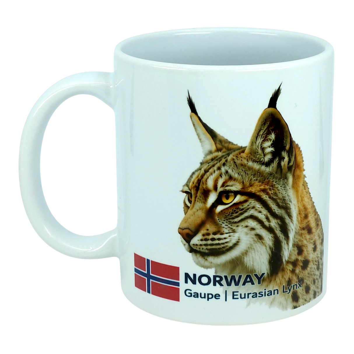 Introducing the Nordic Wholesale Mug: Norway National Animal Eurasian Lynx Ceramic Mug (11 oz)—a white ceramic mug showcasing an illustrated Eurasian lynx, Norway’s flag, and the text “NORWAY Gaupe | Eurasian Lynx” on the side. This mug is a perfect tribute to Norwegian wildlife and Nordic culture.