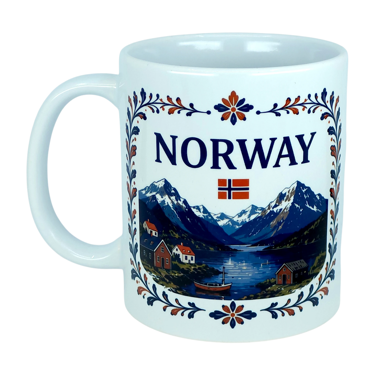 Experience the essence of Norwegian heritage with the Mug: Norway Fjord Mountain Ceramic Mug (11 oz Capacity) by Nordic Wholesale. This beautiful white mug features the word "NORWAY," a Norwegian flag, and a vibrant illustration of mountains, water, boats, and houses—all surrounded by an elegant floral rosemaling border. A striking tribute to traditional artistry, this fjord ceramic mug is perfect for anyone who appreciates authentic Nordic design.