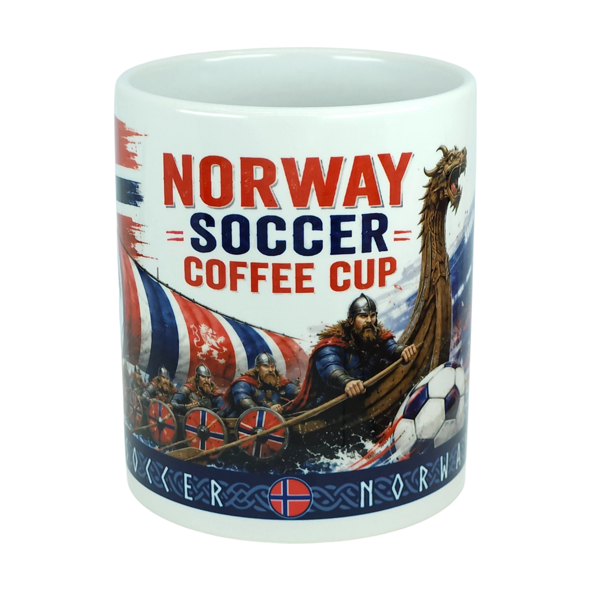 Introducing the Norway Soccer Coffee Cup Mug – Viking Longship Fan Mug by Nordic Wholesale. This white coffee mug showcases bold "Norway Soccer Coffee Cup" text and a striking scene of Viking warriors rowing a longship, complete with Norway flags and a soccer ball in the foreground. A distinctive blue patterned border decorated with “Soccer Norway” lettering and Norwegian flag accents frames the design, making this unique Viking coffee cup an ideal Norwegian gift for any soccer enthusiast.