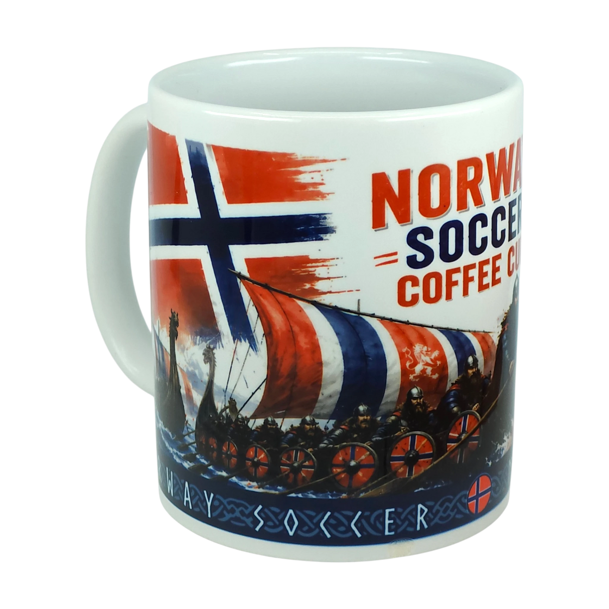 A white Norway Soccer Coffee Cup Mug by Swedish Gift Store, showcasing a vibrant Norwegian flag, a bold red and blue Viking longship design, and partial "NORWAY SOCCER COFFEE" text on a clean white background—perfect for fans.