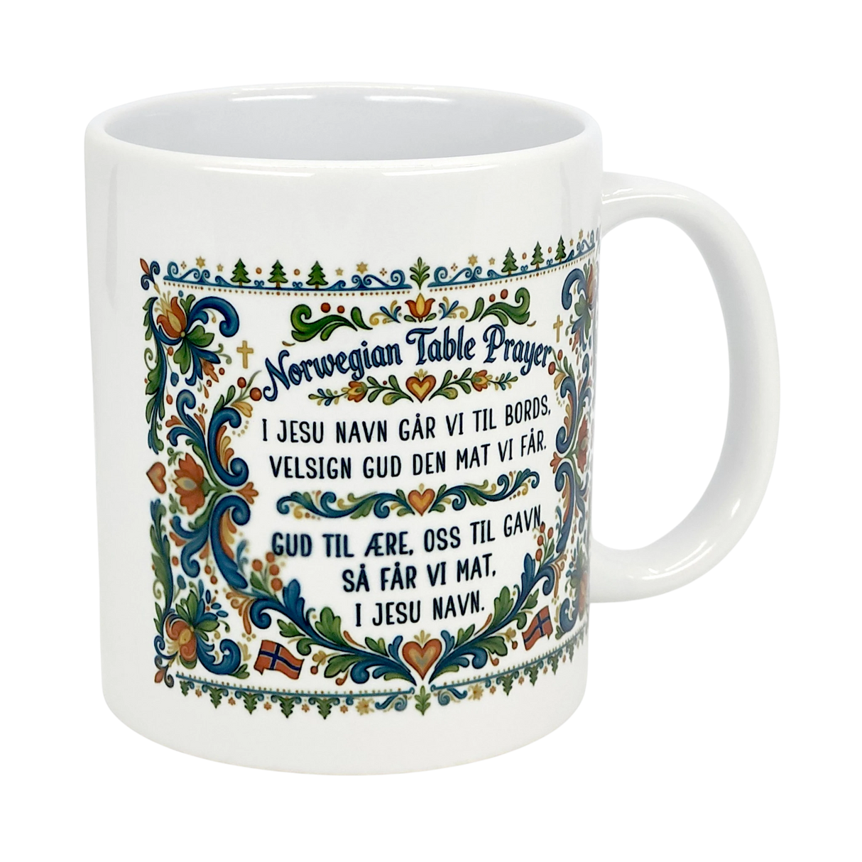 The Nordic Wholesale Mug: Norwegian Table Prayer Ceramic Rosemaling Mug (11 oz) features colorful floral patterns, Norwegian flags, and the Table Prayer in Norwegian—an ideal gift celebrating unique Norwegian heritage.