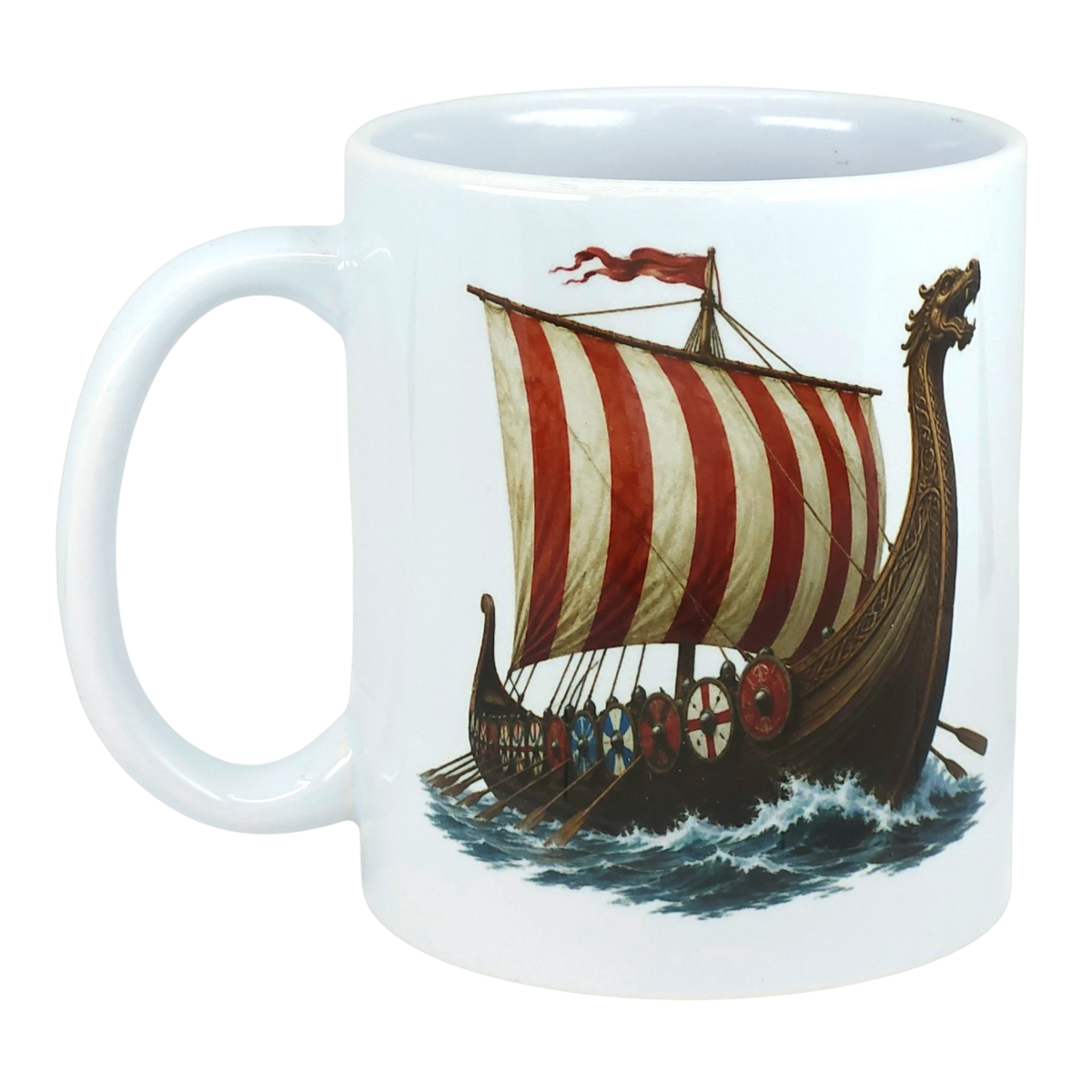 Ceramic mug with an illustration of a Viking longship, red-and-white sail, shields along the side, and stylized waves beneath.