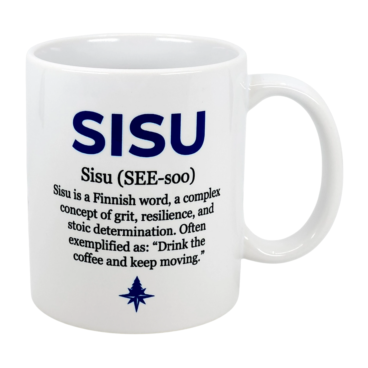 The Nordic Wholesalers 11 oz Sisu Finnish Word Definition Ceramic Mug features 'SISU' in bold blue, its pronunciation, and defines it as Finnish for grit, resilience, and determination—perfect for your coffee break.