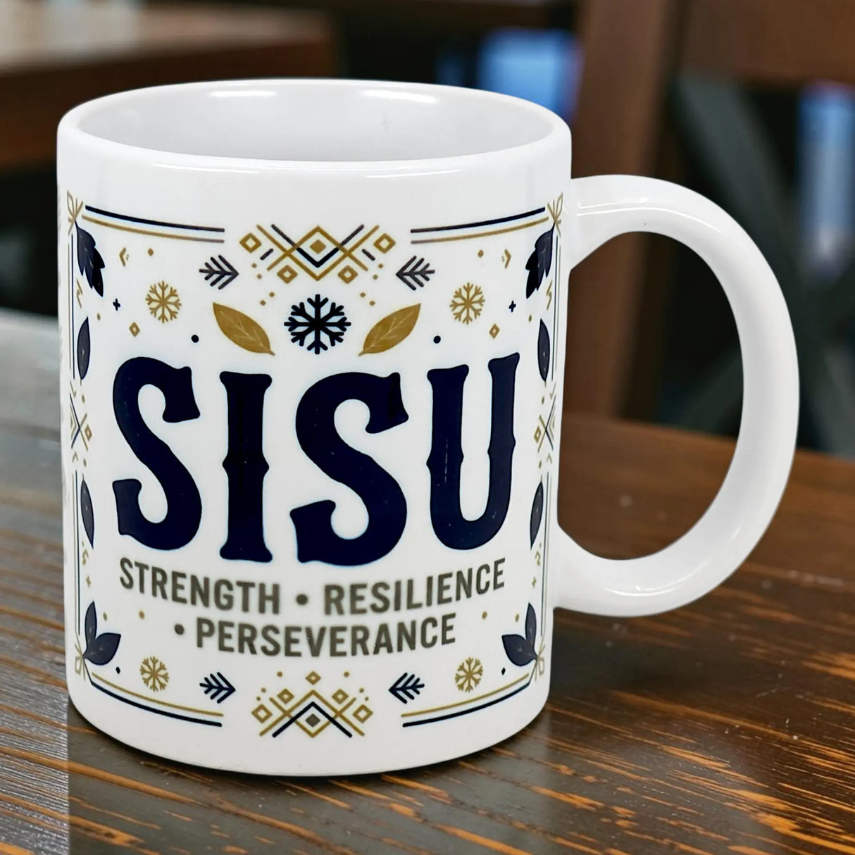 The Mug: Sisu Strength Resilience Perseverance Ceramic Mug (11 oz) by Nordic Wholesalers features bold lettering and blue/gold patterns, celebrating Nordic values—perfect for inspiring your daily coffee ritual.