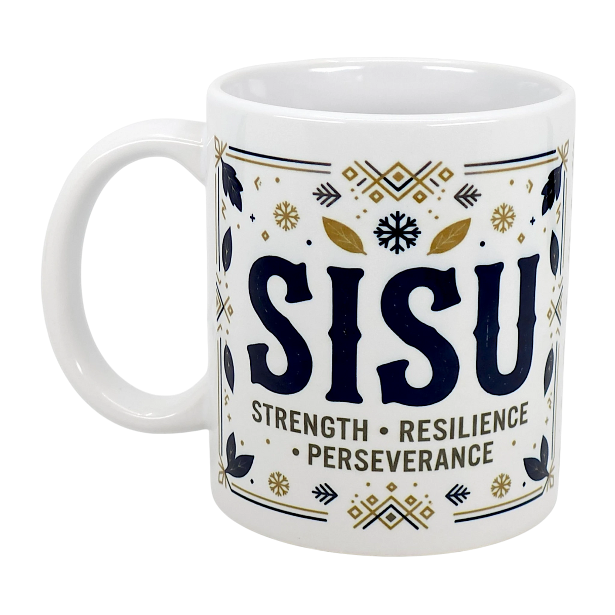 The Nordic Wholesalers Mug: Sisu Strength Resilience Perseverance Ceramic Mug (11 oz) is a white Finnish mug with dark blue and gold patterns, featuring "SISU" and the words "Strength • Resilience • Perseverance" for daily motivation.