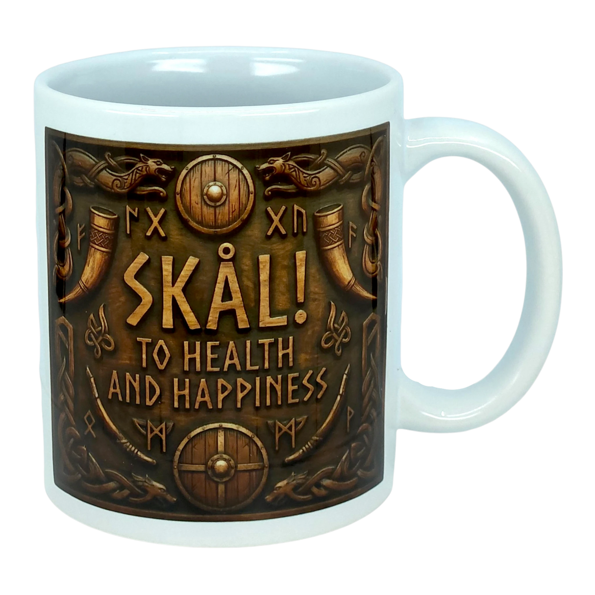 The Nordic Wholesale Mug: Skal To Health And Happiness Norse Ceramic Mug (11 oz) is a white Scandinavian-style mug adorned with Viking-themed artwork, showcasing the phrase “SKÅL! TO HEALTH AND HAPPINESS,” and embellished with shields, drinking horns, axes, Norse symbols, and intricate patterns.