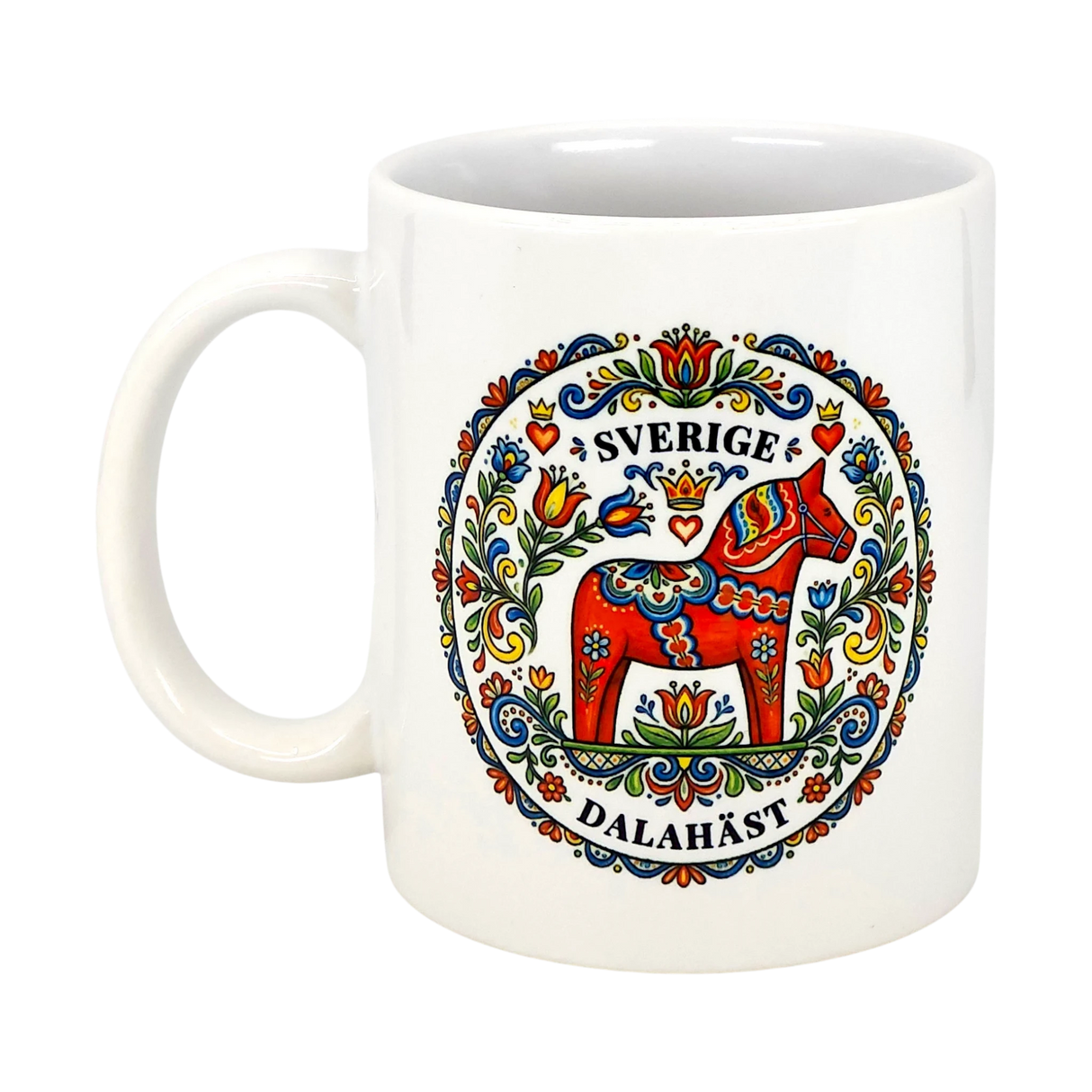 The Swedish Gift Store's "Sverige Dala Häst" Mug features a red Dala horse with a Swedish folk art wreath and the words Sverige and Dalahäst, printed on an 11 oz ceramic mug.