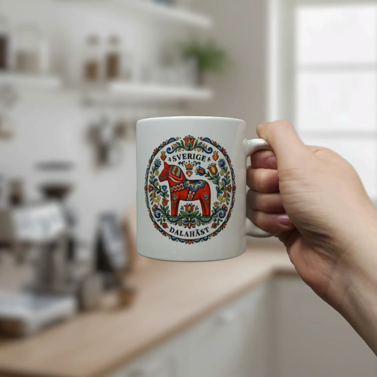 A hand holds the Swedish Gift Store’s "Sverige Dala Häst" mug—an 11 oz ceramic cup featuring a red Dala Horse with a Swedish folk art wreath—in a bright, modern kitchen.