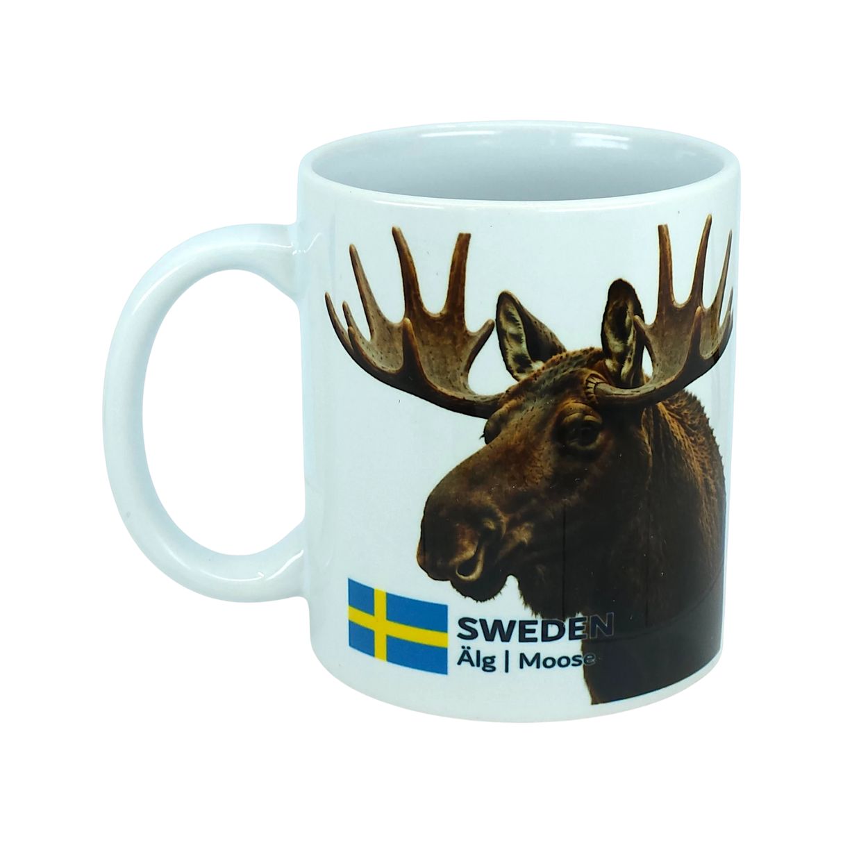 The Mug: Sweden Älg Moose Ceramic Mug (11 oz) by Nordic Wholesale features a white design with a photo of a moose's head, the Swedish flag, and the words "SWEDEN Älg | Moose" printed on it—making it a charming addition to any Scandinavian kitchen and an ideal tribute to Nordic nature.