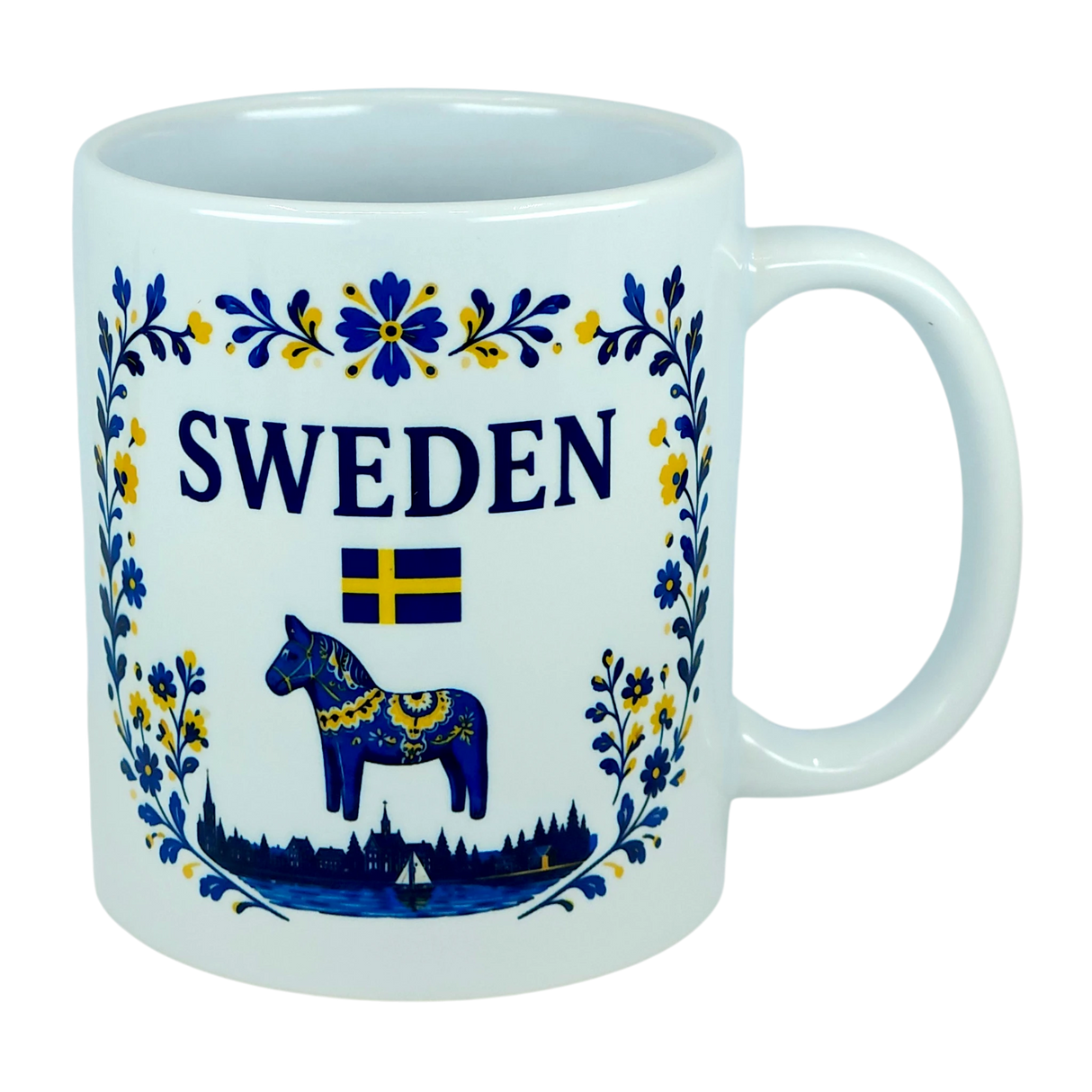 The Nordic Wholesale Mug: Sweden Dala Horse Ceramic Mug (11 oz Capacity) features blue and yellow floral designs, the word "SWEDEN," a small Swedish flag, and a traditional blue Dala horse above a silhouette of buildings—beautifully celebrating Swedish heritage in this charming Scandinavian folk mug.