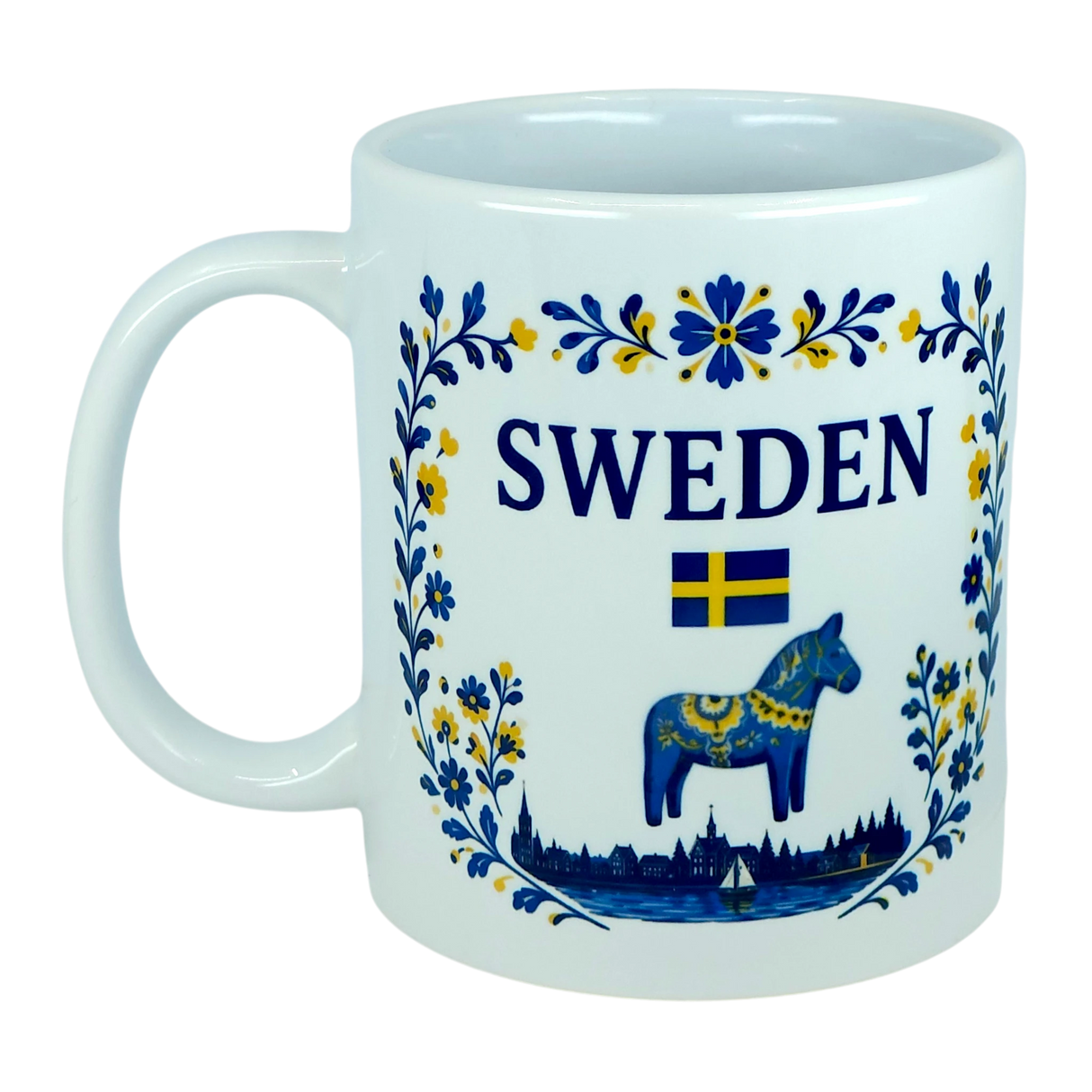 Celebrate your love for Swedish heritage with the Nordic Wholesale Mug: Sweden Dala Horse Ceramic Mug (11 oz Capacity). This beautifully crafted white ceramic mug showcases blue and yellow floral designs, the word "Sweden," a Swedish flag, and a striking blue Dala horse on the front, perfectly capturing Scandinavian folk tradition and charm—an ideal addition to any collection.