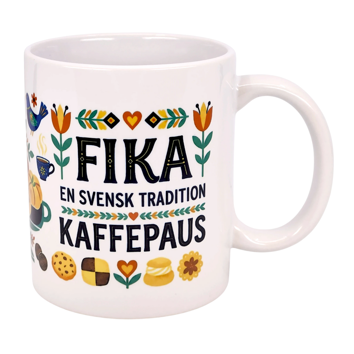 The Nordic Wholesale Mug: Fika — "En Svensk Tradition Kaffepaus" is an 11 oz ceramic mug with colorful floral, cookie, coffee cup, and bird illustrations—a perfect Swedish Fika tradition gift for coffee lovers.