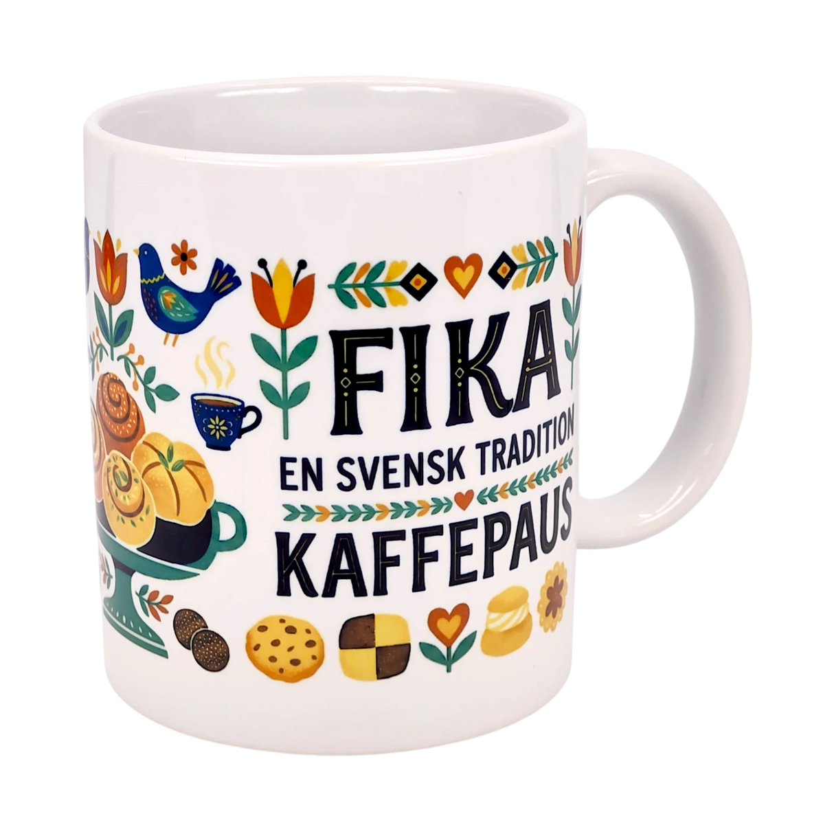 The Nordic Wholesale Mug: Fika—"En Svensk Tradition Kaffepaus" 11 oz ceramic mug features Nordic pastries, flowers, a blue bird, and Swedish fika tradition text—an ideal gift for coffee and fika lovers.