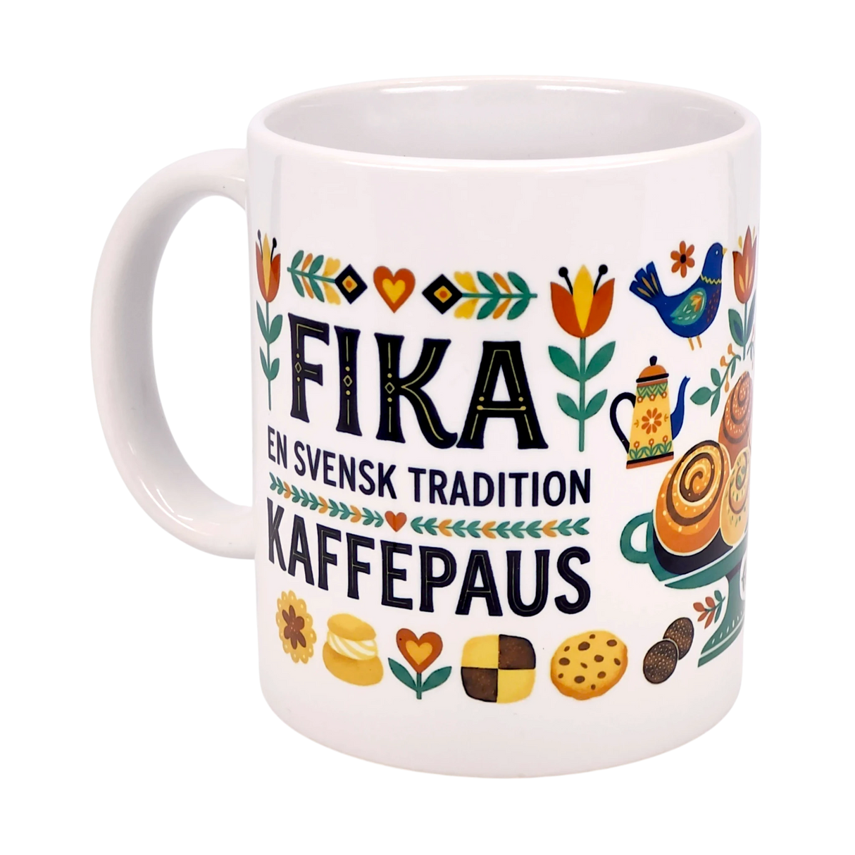 The Nordic Wholesale 11 oz ceramic mug features a wraparound Swedish Fika traditions design with flowers, a bird, coffee pot, pastries, cookies, and the text "FIKA En Svensk Tradition Kaffepaus"—a perfect gift for celebrating Swedish culture.