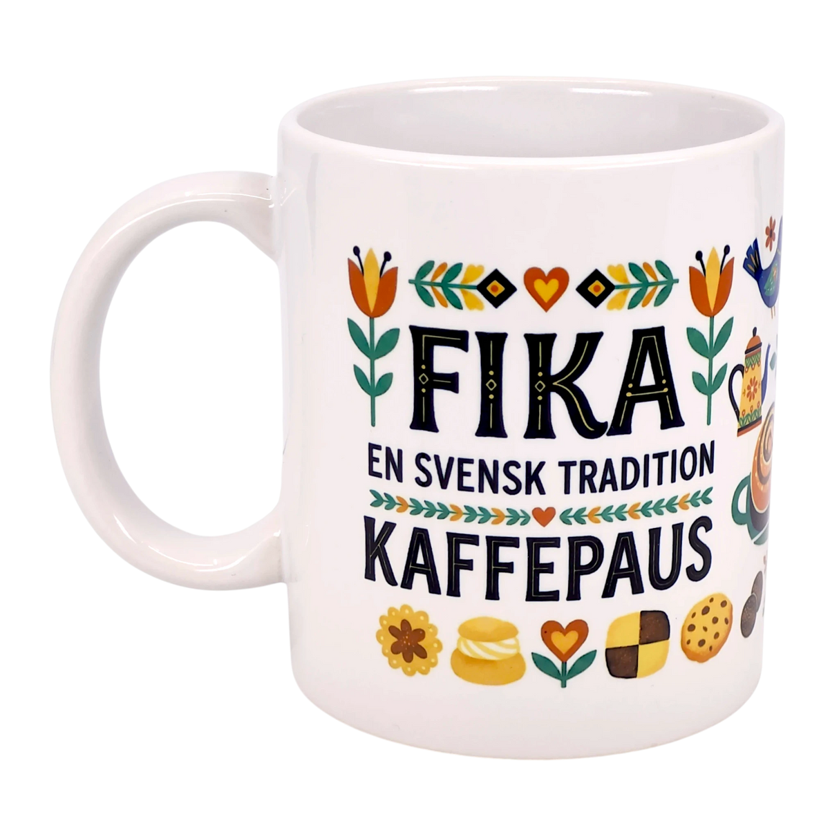 The Nordic Wholesale 11oz ceramic mug features “Fika — En Svensk Tradition Kaffepaus” and colorful floral Swedish pastry designs—an ideal Scandinavian gift celebrating the tradition of fika.