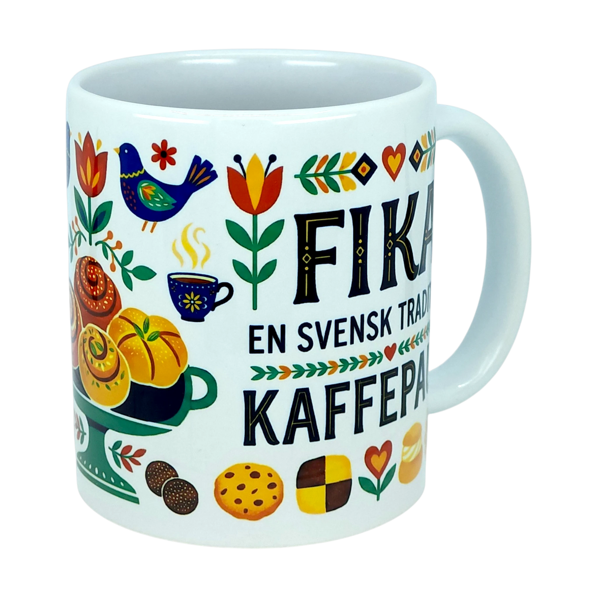 Enjoy your daily coffee ritual with the Mug: Fika — "En Svensk Tradition Kaffepaus" Swedish Fika Traditions Wraparound Ceramic Mug (11 oz) by Nordic Wholesale, featuring vibrant Scandinavian folk art with pastries, a blue bird, flowers, and the phrase "Fika En Svensk Tradition Kaffe Paus." This charming mug is the perfect gift for anyone who appreciates the cozy Swedish tradition of fika.