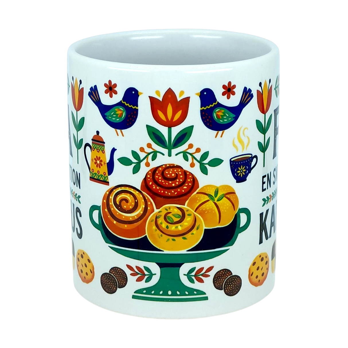 Celebrate Swedish coffee traditions with the Mug: Fika — "En Svensk Tradition Kaffepaus" Swedish Fika Traditions Wraparound Ceramic Mug (11 oz) by Nordic Wholesale. This white ceramic mug is adorned with vibrant folk art depicting birds, flowers, a pedestal of pastries, and cookies in bright patterns and warm hues. Its festive and cozy design makes it an ideal gift for those who cherish Swedish traditions or a charming Scandinavian coffee mug for elevating your daily fika rituals.