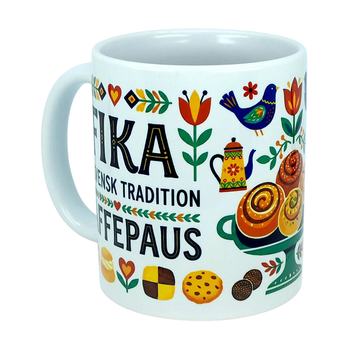 Discover the Mug: Fika — "En Svensk Tradition Kaffepaus" Swedish Fika Traditions Wraparound Ceramic Mug (11 oz) by Nordic Wholesale, featuring vibrant Scandinavian floral patterns, a bird, a teapot, iconic Swedish pastries, and the phrase "FIKA SVENSK TRADITION KAFFEPAUS" on a crisp white background—an ideal gift celebrating the beloved Swedish fika tradition.