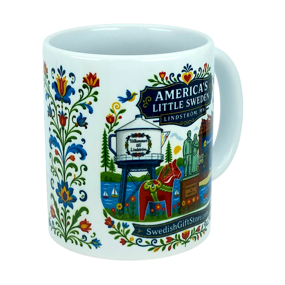 Nordic Wholesale’s “America’s Little Sweden” ceramic mug (11 oz) from Swedish Gift Store features vibrant Swedish folk art, including Lindstrom, Minnesota landmarks and iconic Dala horse imagery. The charming white mug also displays the website SwedishGiftStore.com.