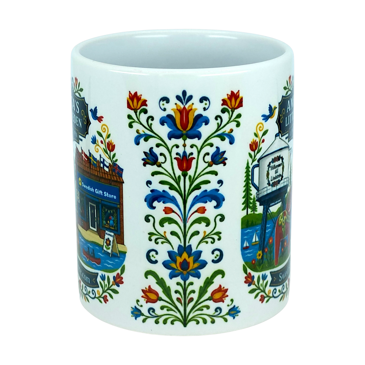 Experience the charm of Swedish-American heritage with the Mug: Swedish Gift Store America's Little Sweden Ceramic Mug (11 oz) by Nordic Wholesale, featuring colorful, symmetrical floral designs and partial illustrations of iconic buildings and signs inspired by a Swedish gift store. This white ceramic mug is thoughtfully adorned to celebrate every detail of "America's Little Sweden.
