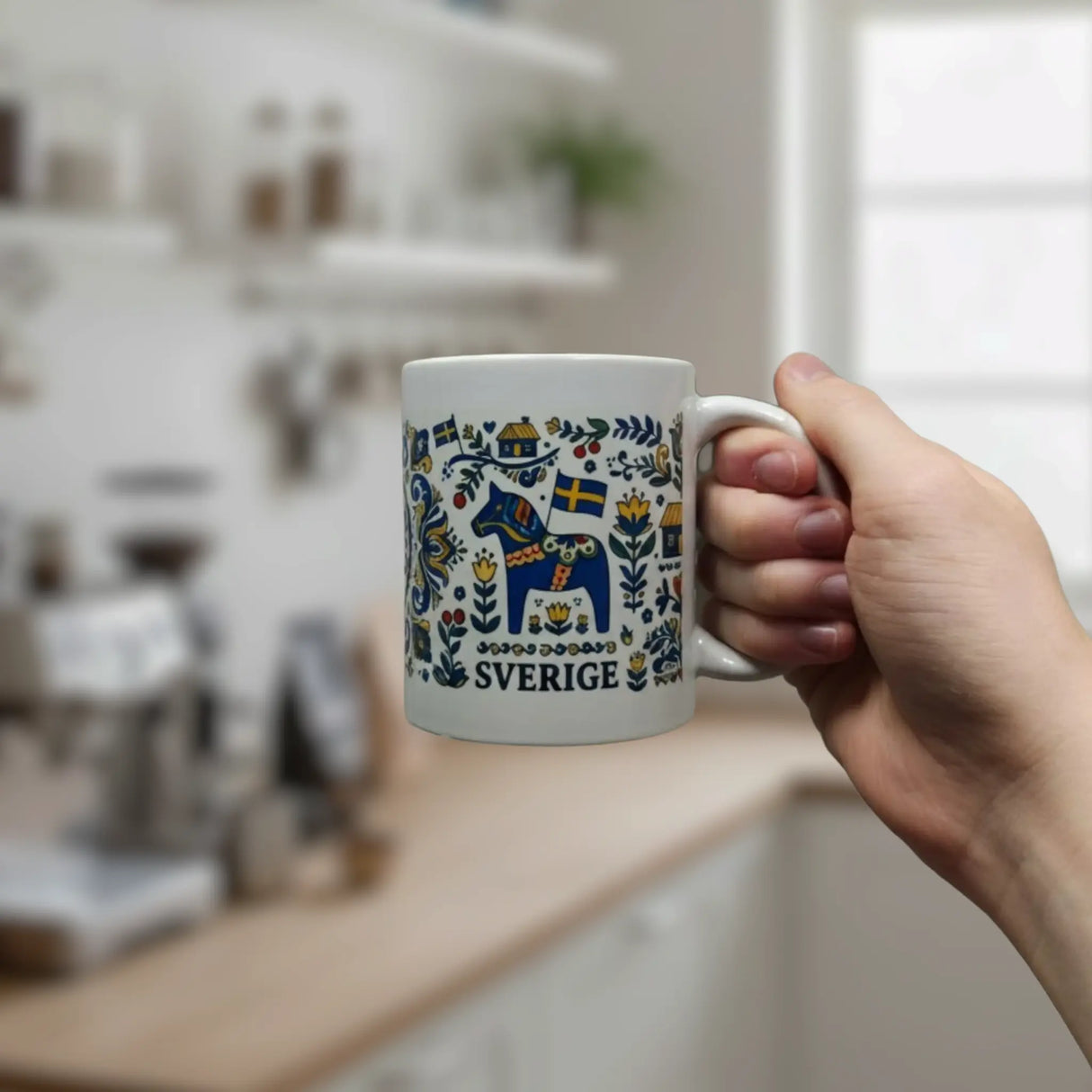 A hand holds the Nordic Wholesalers Mug: Swedish Icons & Dala Horse Folk Art Ceramic Mug (11 oz), featuring blue Dala horses, Swedish flags, florals, and "SVERIGE" below the design. A blurred kitchen background appears behind.