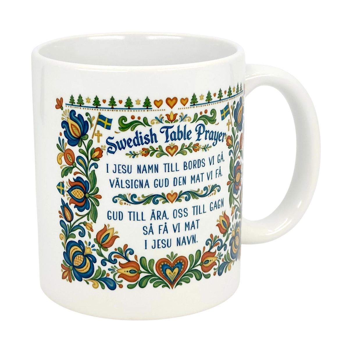 The Nordic Wholesale Mug: Swedish Table Prayer Ceramic Kurbits Mug (11 oz) features a colorful Kurbits floral design, Swedish flags, and the Swedish Table Prayer in both Swedish and English.