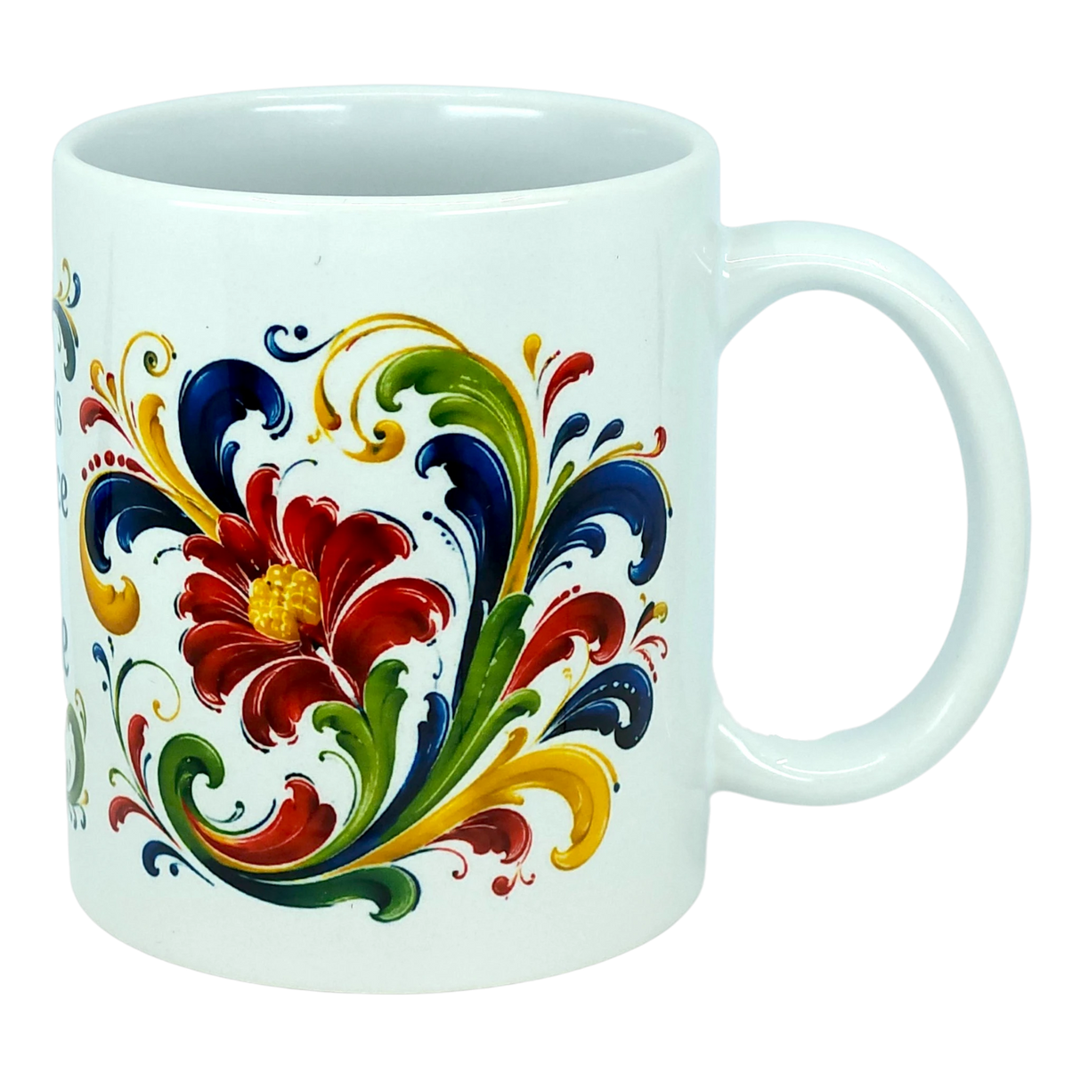 The Mug: There's No Place Like Home Rosemaling Ceramic Mug (11 oz) by Nordic Wholesale is a white ceramic coffee mug adorned with a vibrant floral and leaf pattern in red, yellow, green, and blue hues, inspired by classic Scandinavian folk art designs.