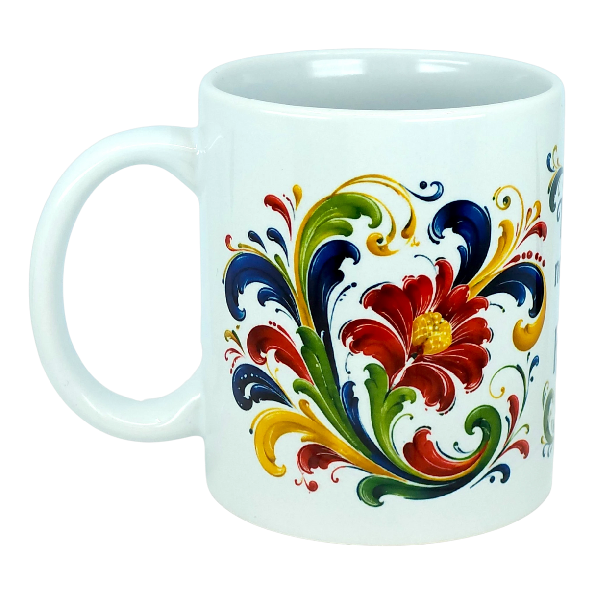 The Nordic Wholesale "There's No Place Like Home" Rosemaling Ceramic Mug (11 oz) is a white mug adorned with a vibrant Scandinavian folk art-inspired floral and leaf design in red, yellow, green, and blue, featuring swirling patterns and a prominent central flower.