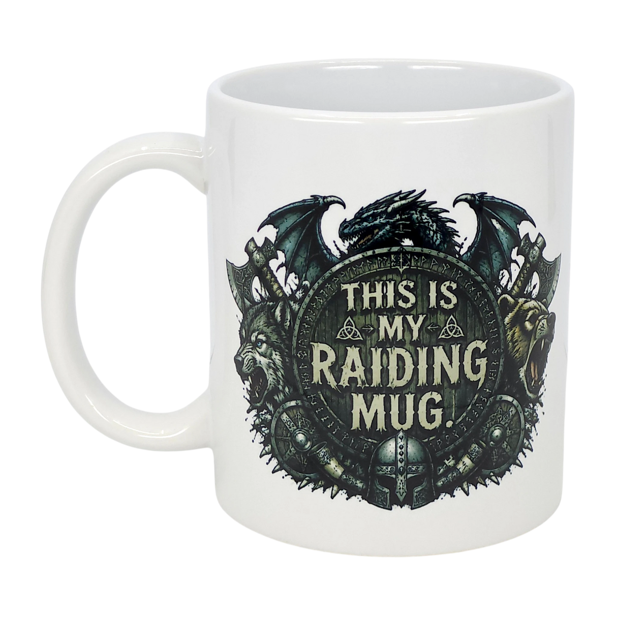 The Nordic Wholesale Mug: This Is My Raiding Mug Viking Ceramic Mug (11 oz) features a Norse design with a fantasy dragon, wolves, shields, and the quote "THIS IS MY RAIDING MUG"—perfect for your next quest.