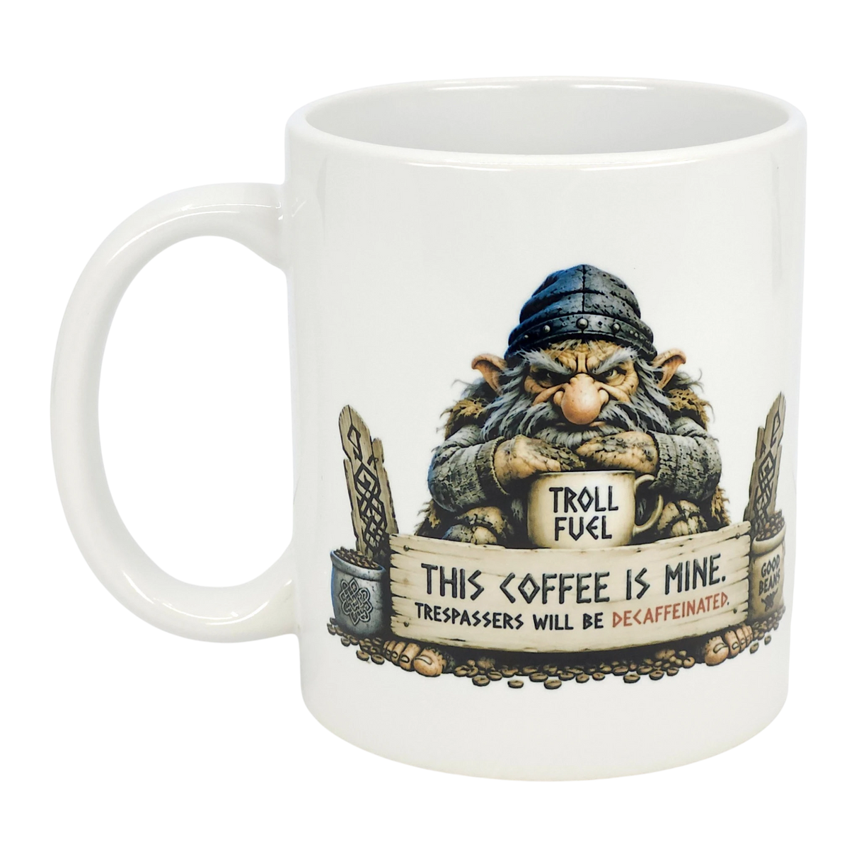 The Nordic Wholesale Mug: Troll Fuel Ceramic Coffee Mug (11 oz) features a grumpy troll with a "Troll Fuel" cup and the warning, "This coffee is mine. Trespassers will be decaffeinated," plus decorative Scandinavian borders.