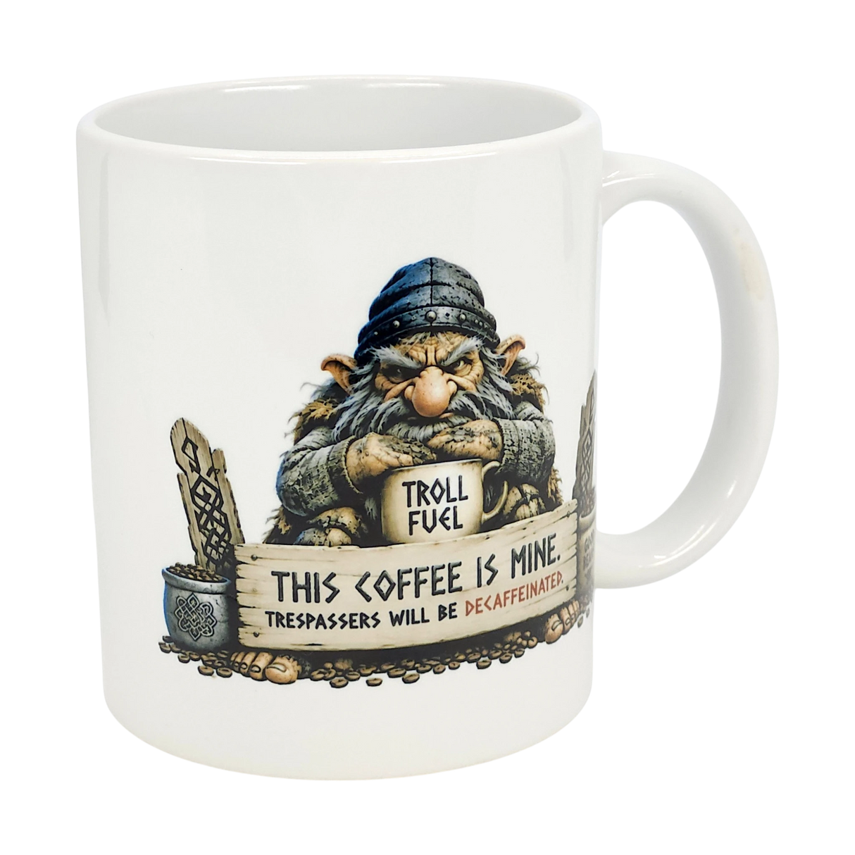 The Nordic Wholesale Mug: Troll Fuel Ceramic Coffee Mug (11 oz) features a grumpy troll in a knit cap holding a sign: “Troll Fuel. This coffee is mine. Trespassers will be decaffeinated.” A fun pick for fans of quirky Scandinavian folklore mugs.