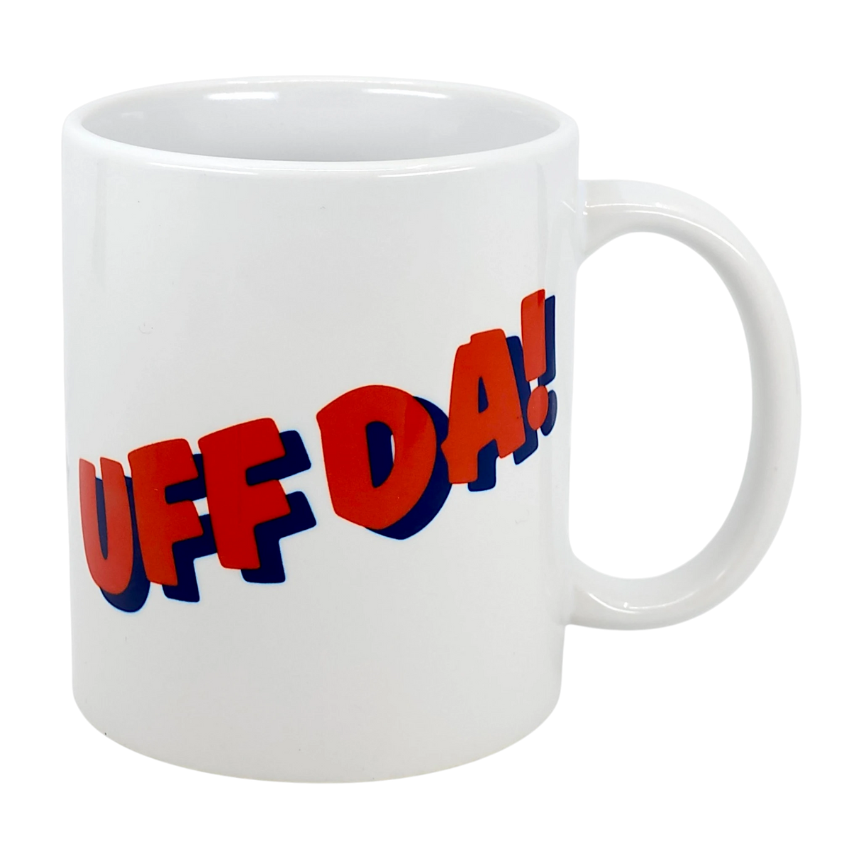 The Swedish Gift Store’s Classic "Uff Da!" Ceramic Mug (11 oz) features bold red and blue 3D lettering, making it a stylish white Scandinavian coffee cup to showcase your Nordic spirit.