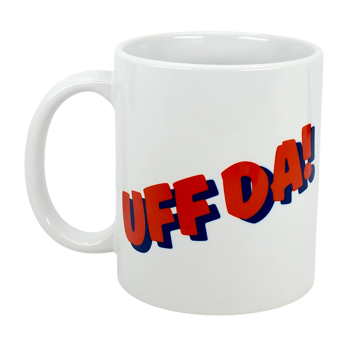 The Swedish Gift Store’s Classic "Uff Da!" Ceramic Mug (11 oz) features “UFF DA!” in bold red letters with a blue shadow, adding Scandinavian charm to your coffee routine.