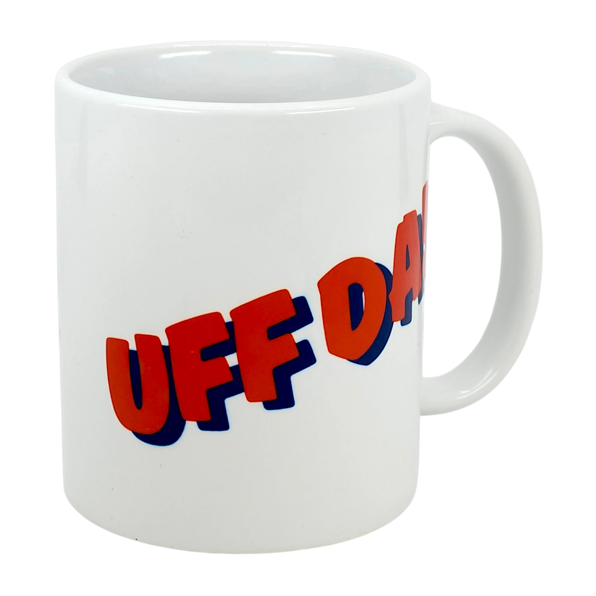 The Swedish Gift Store's Classic "Uff Da!" Ceramic Mug (11 oz) features bold red lettering with a blue shadow—perfect for adding Nordic charm to your coffee routine.