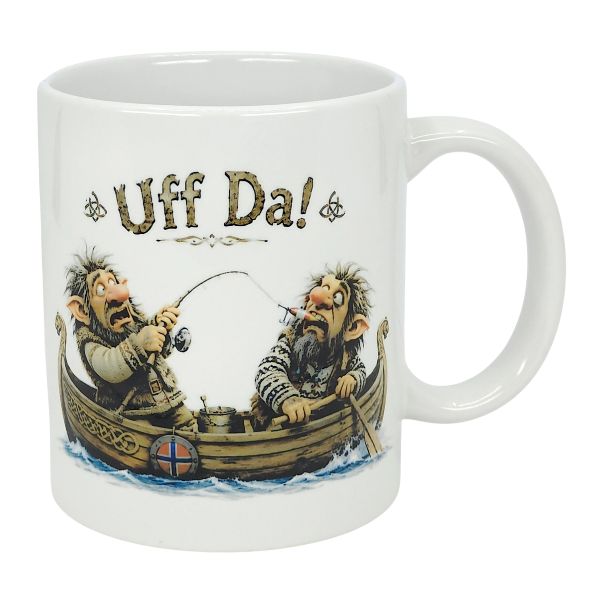 The Nordic Wholesale Mug: Uff Da Fishing Trolls Ceramic Mug (11 oz) features two cartoon trolls fishing in a wooden boat with a Norwegian flag and bold “Uff Da!” text, capturing their playful, surprised expressions.