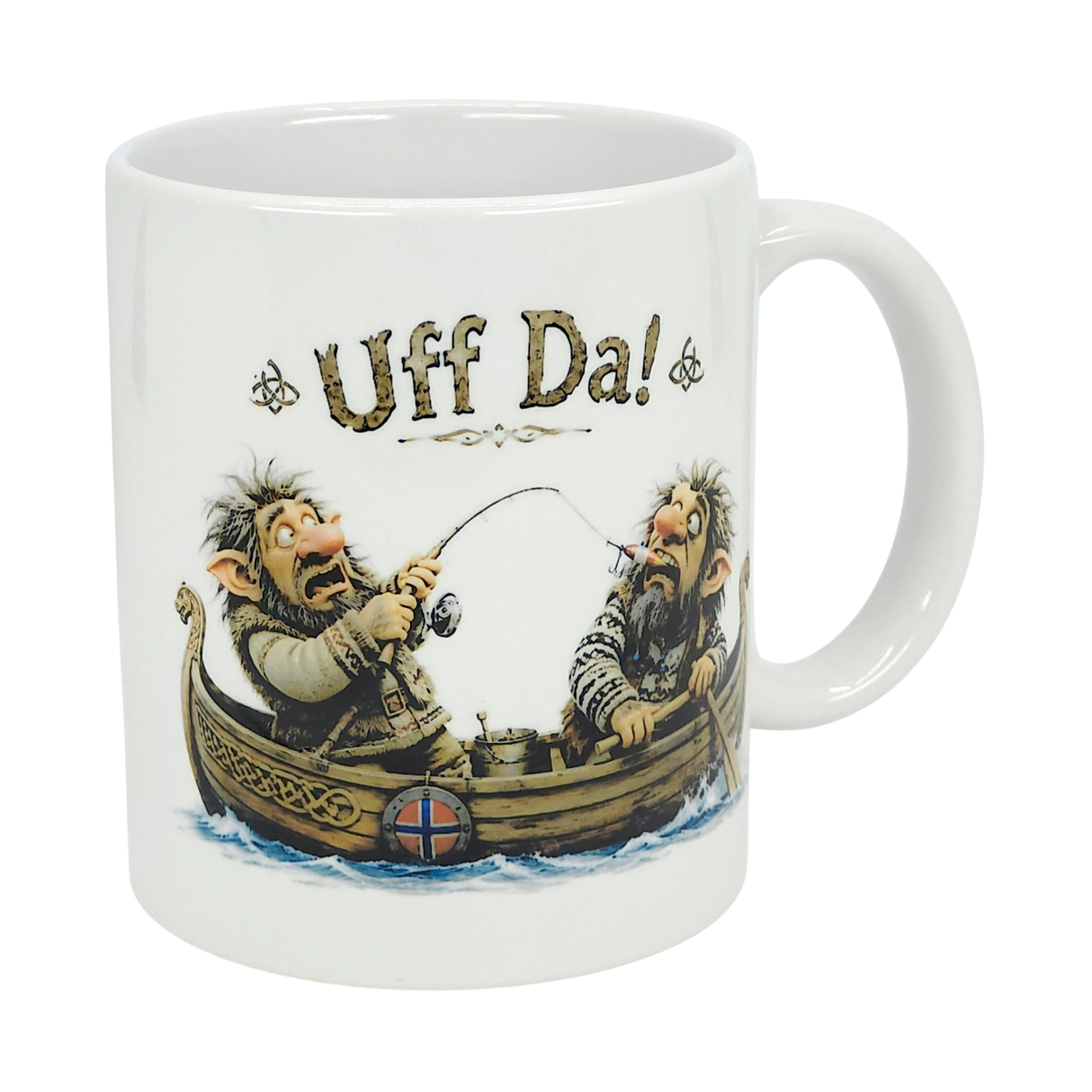 The Nordic Wholesale Mug: Uff Da Fishing Trolls Ceramic Mug (11 oz) features two cartoon trolls fishing in a boat with a Norwegian flag and "Uff Da!"—a charming Scandinavian mug perfect for fans of Nordic style.