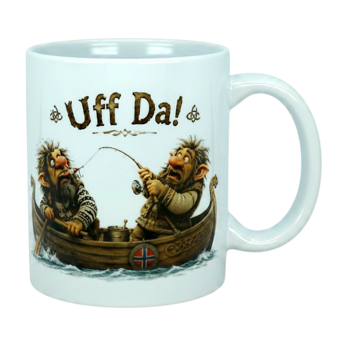 The Mug: Uff Da Fishing Trolls Ceramic Mug (11 oz Capacity) from Nordic Wholesale features two cartoon trolls in a Viking boat—one fishing while the other reacts in surprise—with "Uff Da!" printed above them, capturing classic Scandinavian humor.