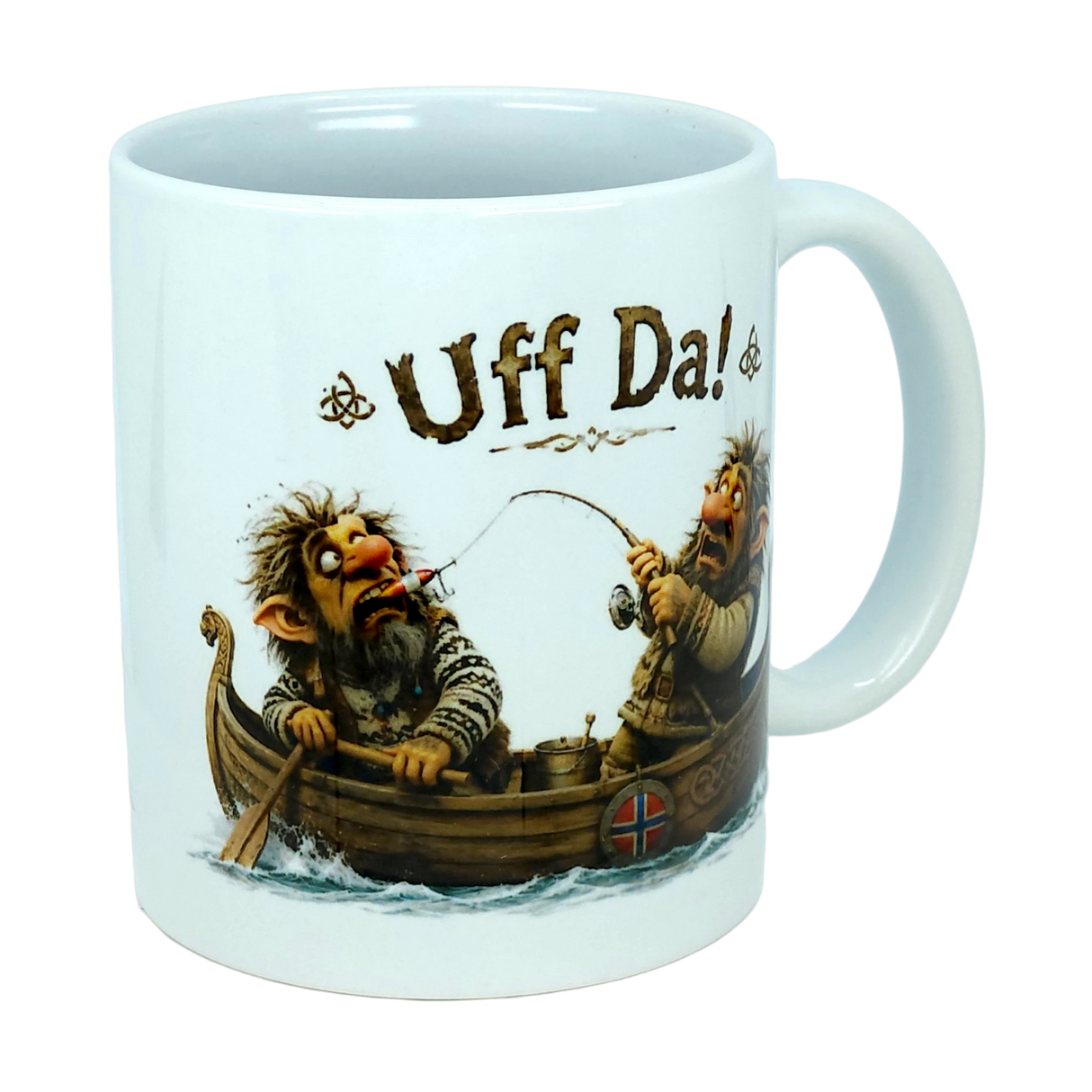 Enjoy your morning coffee with the Mug: Uff Da Fishing Trolls Ceramic Mug (11 oz Capacity) from Nordic Wholesale—a whimsical white mug adorned with two cartoonish trolls fishing in a Viking-style boat. One troll looks surprised as the other reels in a catch, while "Uff Da!" appears above them for that signature touch of Scandinavian humor. This charming ceramic mug also features a Norwegian flag detail, making it the perfect gift for fans of Nordic culture and trolls.