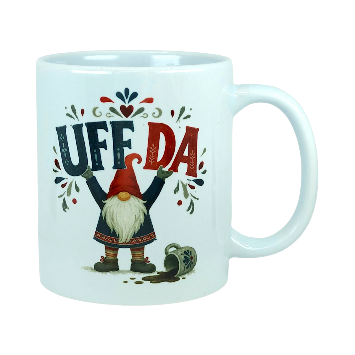 White ceramic mug with the text Uff Da and an illustration of a Scandinavian tomte gnome standing next to a spilled mug.