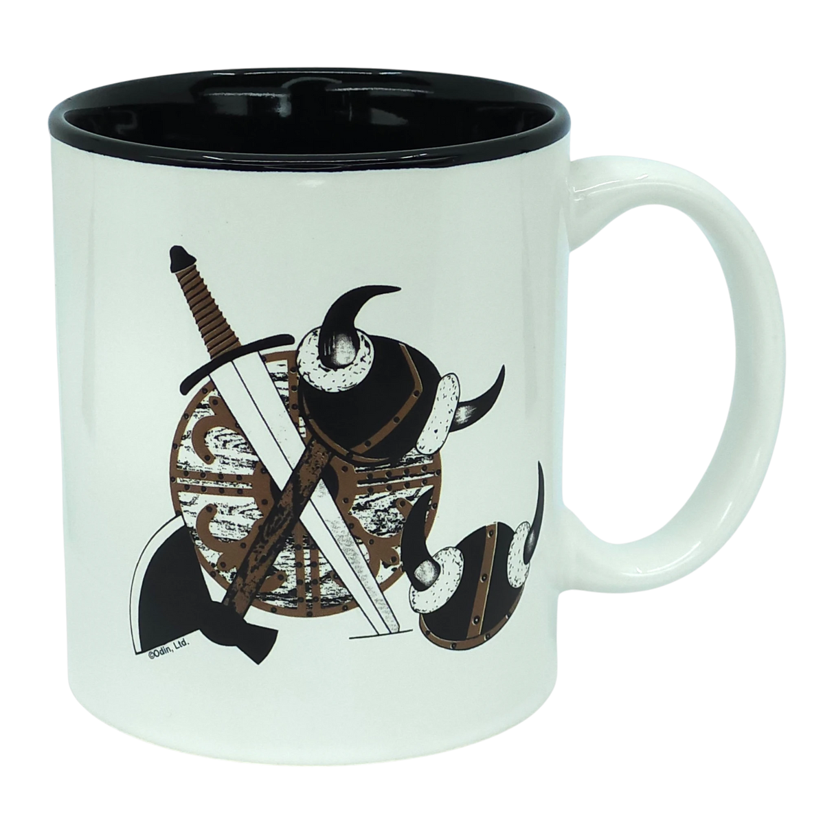 Introducing the Odin Limited Mug: Viking Coat of Arms—a striking 11oz ceramic mug with a black interior. This mug features bold illustrations of a sword, axe, two horned Viking helmets, and a round shield, perfectly capturing the spirit of Norse warriors in a modern design.