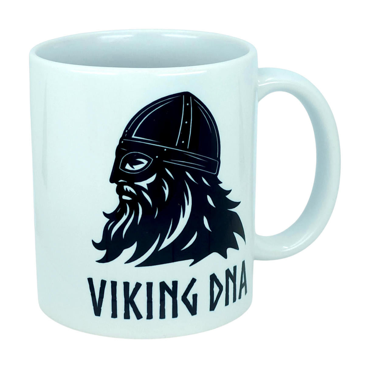 The Mug: Viking DNA White Ceramic Mug with Historically Accurate Helmet (11 oz) by Nordic Wholesale showcases a bold black graphic of a bearded Viking wearing an authentic helmet, with “VIKING DNA” in striking letters beneath the illustration. Proudly celebrate your Nordic heritage each morning with this unique Scandinavian ceramic coffee mug, perfect for adding character to your daily brew.
