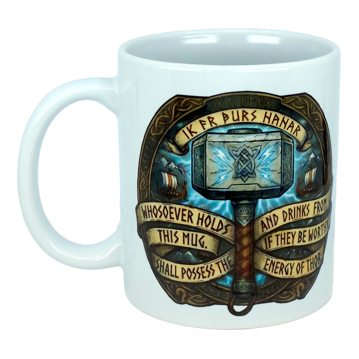 Introducing the Mug: Viking Energy of Thor Ceramic Mug (11 oz) by Nordic Wholesale—a white ceramic mug adorned with Thor’s iconic hammer, Mjölnir, and detailed Norse designs. Ships and lightning illuminate the background, while the surrounding text proclaims: "Whosoever holds this mug, if they be worthy, shall possess the energy of Thor." The perfect Norse mythology coffee mug for Viking fans!.