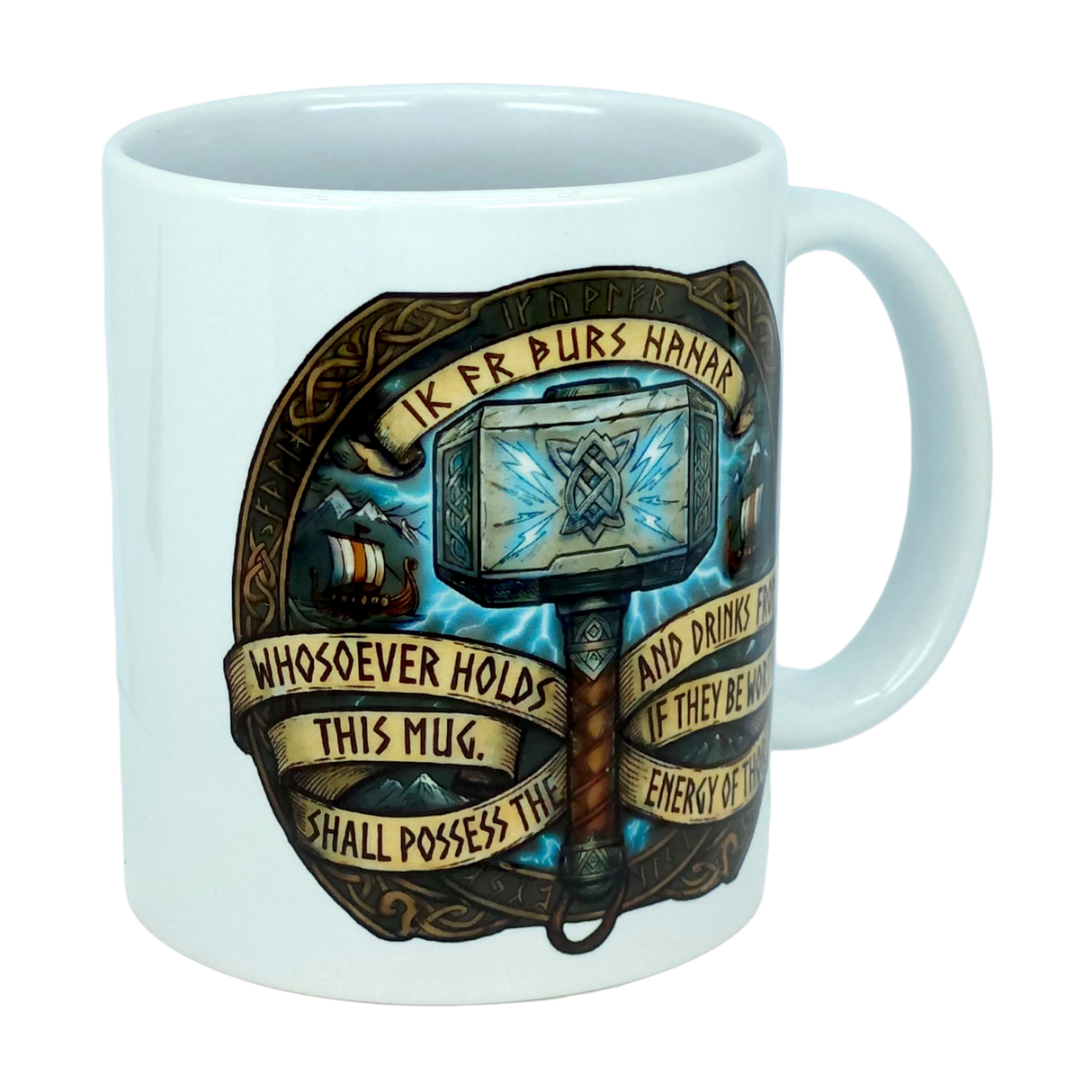 Start your day with the Mug: Viking Energy of Thor Ceramic Mug (11 oz) by Nordic Wholesale, featuring an illustrated Norse hammer, Viking ships, and a scroll that reads: "Whosoever holds this mug shall possess the energy of Thor and, and drinks from it, if they be worthy." This mug channels the power of Norse mythology into every morning ritual.