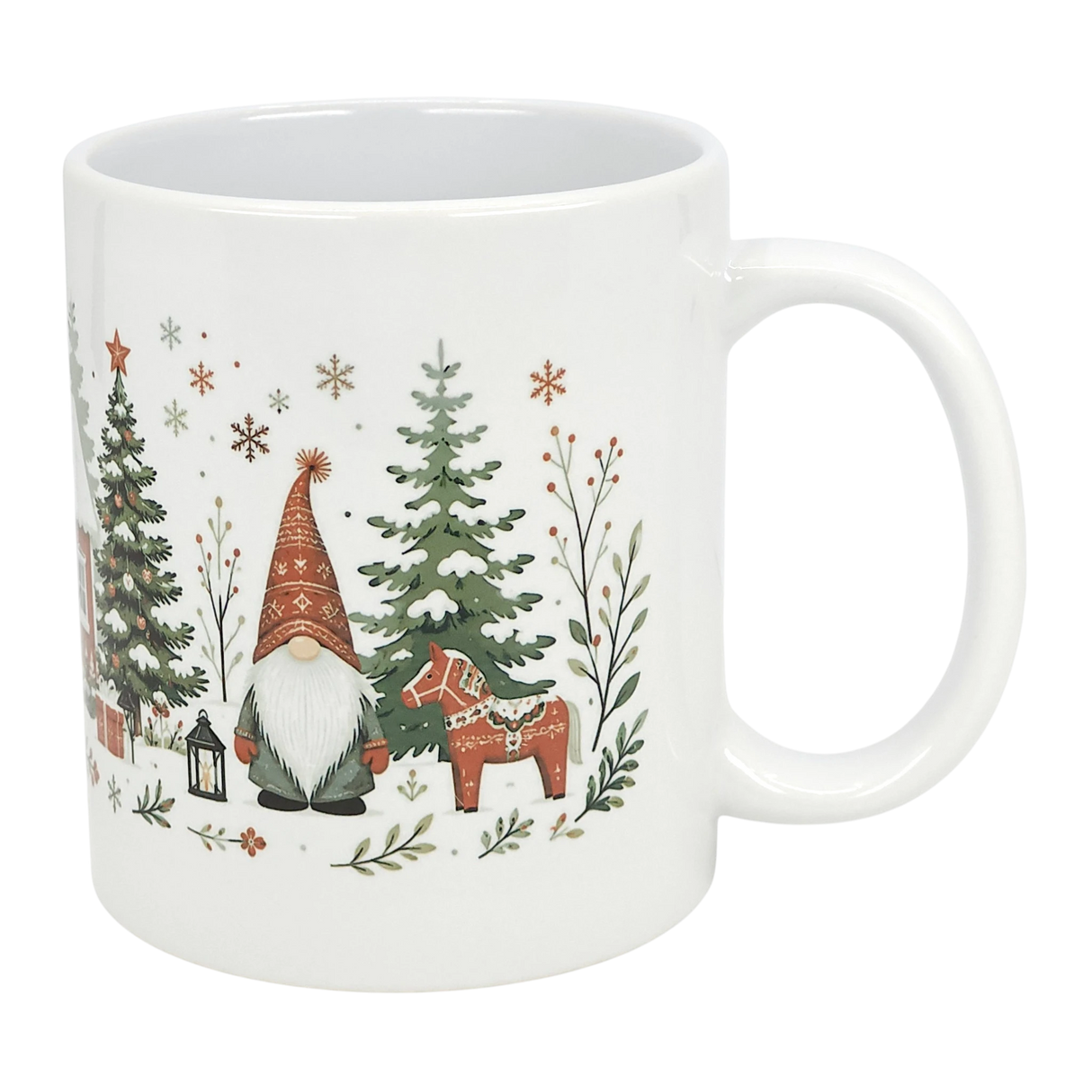 The Winter Tomte and Dala Horse Ceramic Mug (11 oz) by Nordic Wholesale features a gnome in a red hat, decorated horse, pine trees, and snowflakes in festive green and red Nordic folk art—perfect for holiday cheer.